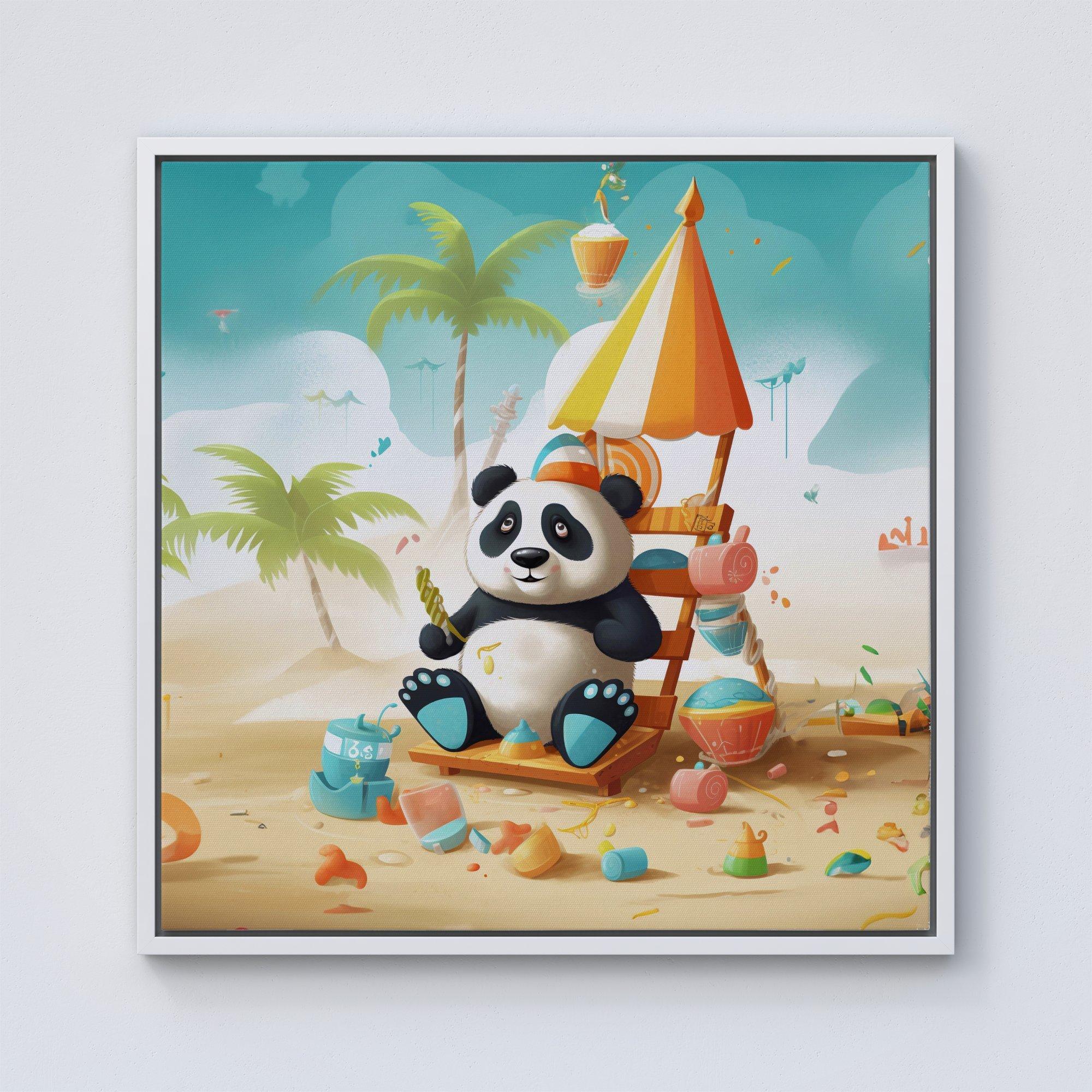 Happy Panda On A Beach Holiday Framed Canvas